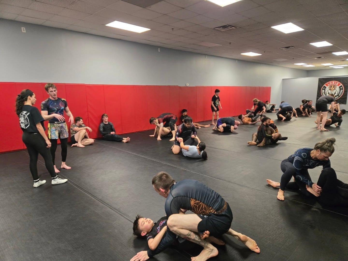 Pairs of students practicing Brazilian Jiu-Jitsu on the mats at Loris